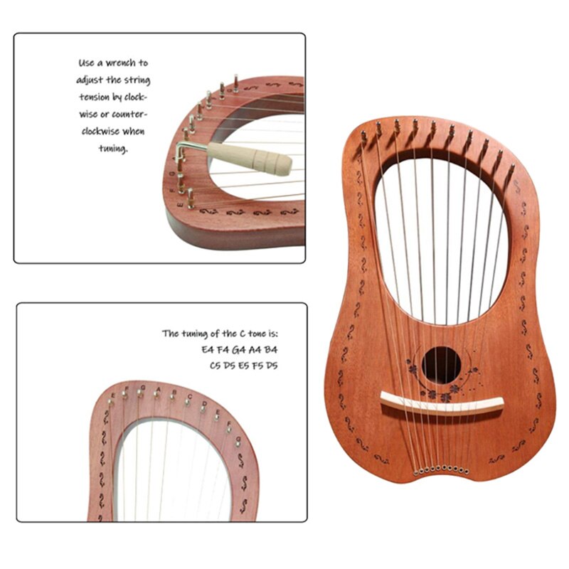 Lyreharpe , 10- strenget træ krop træfiner top streng instrument kropsinstrument med stemmenøgle og bæretaske