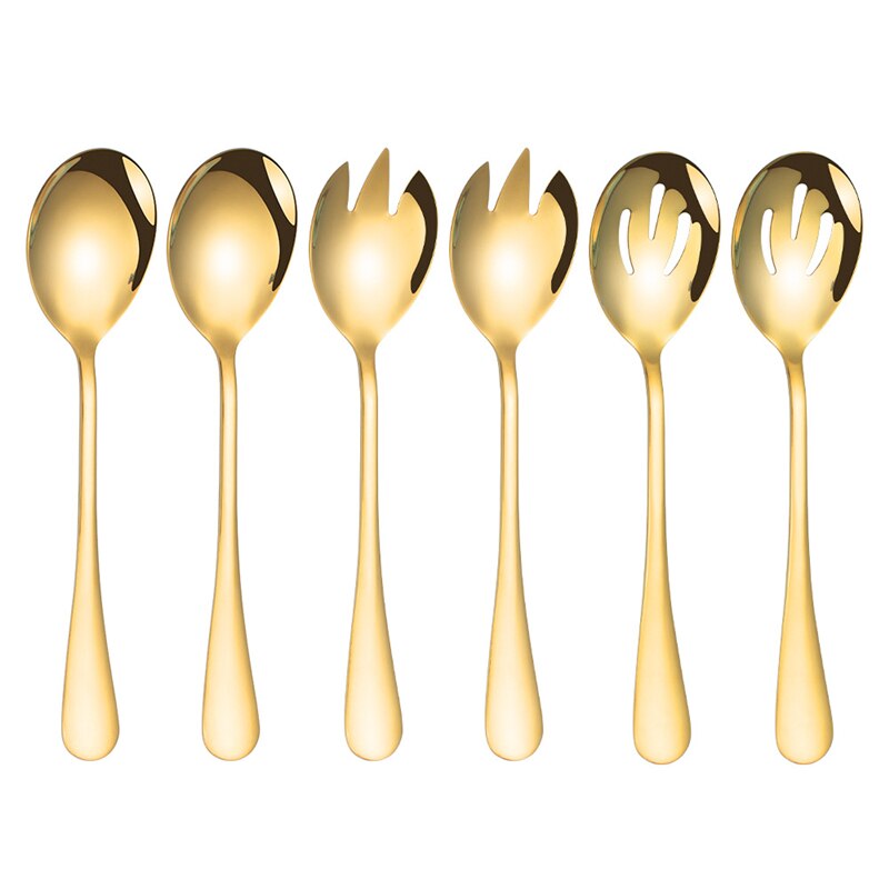 3Pcs Salad Dessert Spoon Set Large Stainless steel Salad Fork Spoon Serving Set Tablespoon Salad Server Kitchen Spoon Utensils: 6pcs Gold