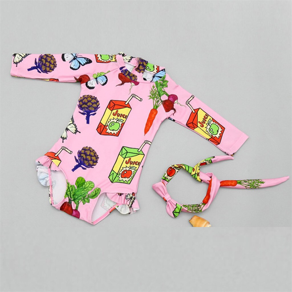 One-Piece Swimsuit for Girls Long Sleeve Multicolor Print With Headband Bikini Beachwear Cute Bathing Children's Swimsuit