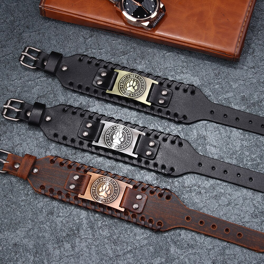 HNSP braccialetti in pelle intrecciata con artiglio di orso Vintage per uomo braccialetti tribali etnici con ciondolo vichingo uomo