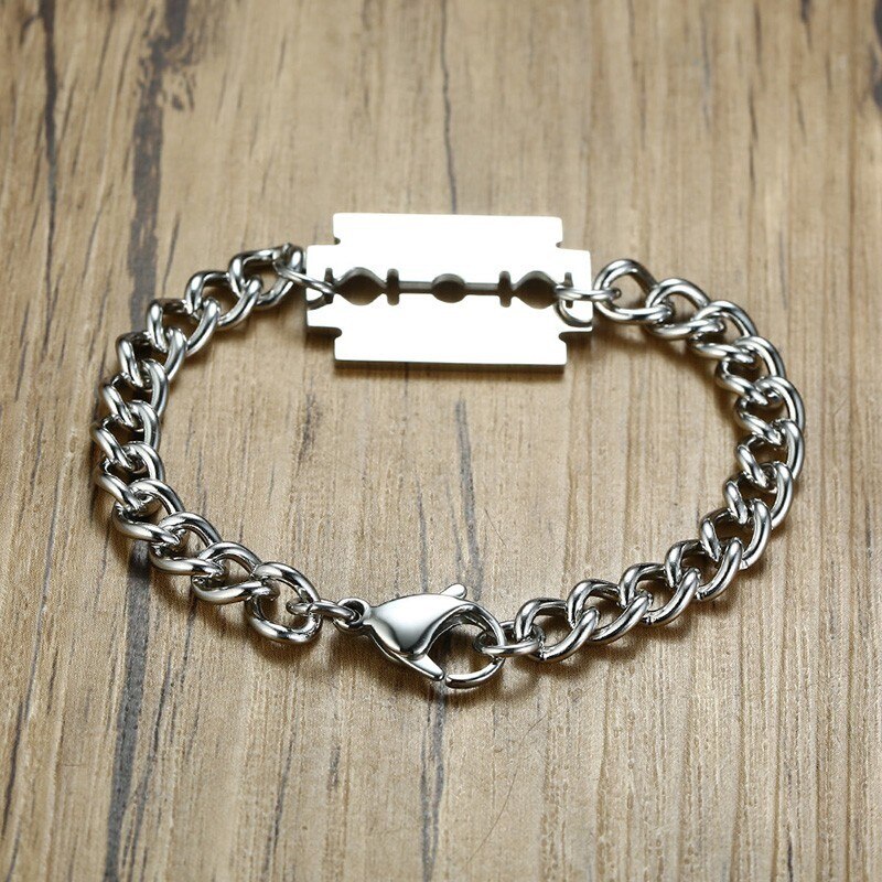 Punk color plata hoja de afeitar pulsera para hombres 316L Acero inoxidable hombre brazalete Hip Hop