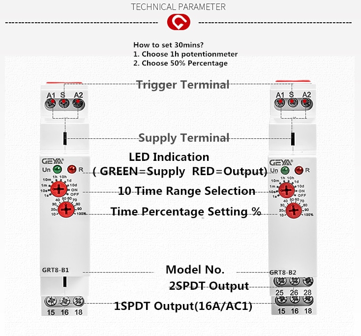 GEYA GRT8-B Delay OFF Timer Relay Electronic Type 16A AC230V OR AC/DC12-240V