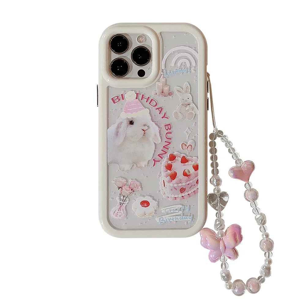 Leuke Hoed Konijn Taart Telefoon Case met Lanyard voor IPhone 16 15 14 12 13 11 Pro Pro Max Plus X XR Schokbestendige telefoon Cover: Tpu / Beige