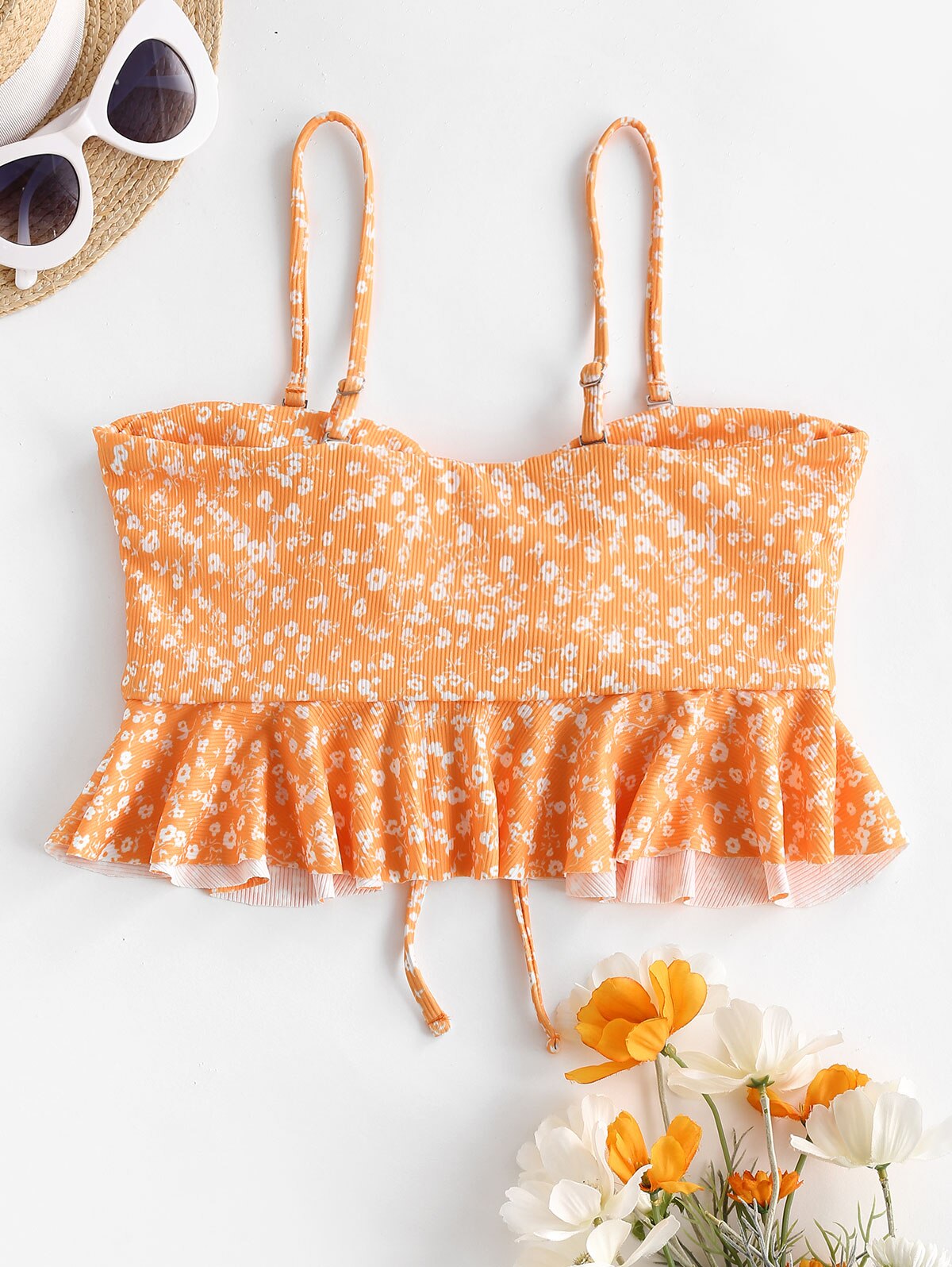 ZAFUL Tiny Floral Cinched Ribbed Peplum Swim Top 2 Piece Women Bathing Tops Women's 2022