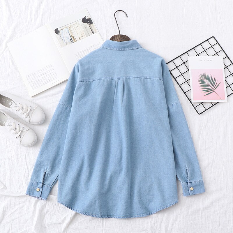 H.sa forårs jeans blusa og skjorter lange ærmer oversized knap sommer toppe denim outwear koreansk lomme camisas mujer femme
