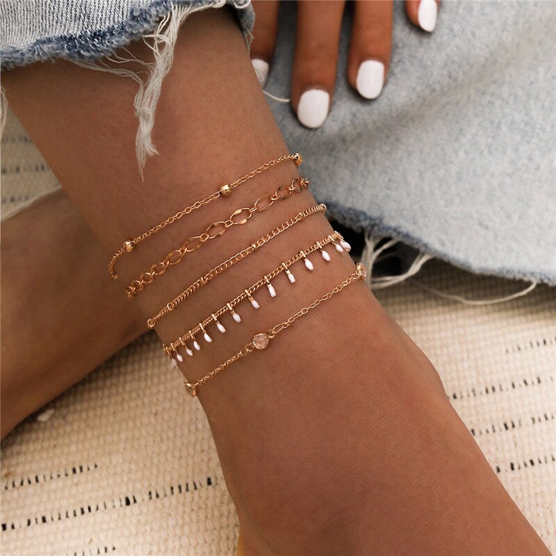 5 stk/sæt vintage boheme guld fodlænker til kvinder unikke slange kæde hjerte nøgle disk kæde ankel armbånd kvindelige smykker: 60166