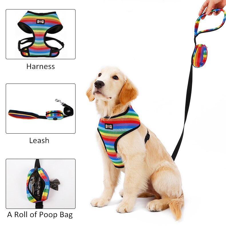 Dog Harness Met Leash Set Kleine/Medium Dog Harness Vest Wandelen Lead Met Kak Tas Regenboog Soft Air Mesh ademend Ademend