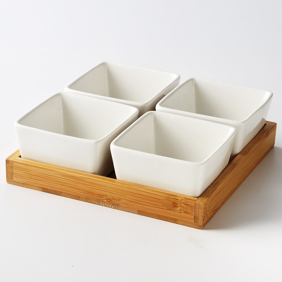 MUZITY-plato de cerámica para postres, Plato cuadrado para fruta con bandeja de bambú y madera, plato de porcelana para pastel o caramelo: D