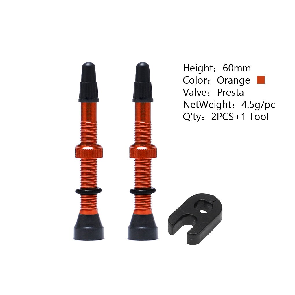 2 Pcs/set Bike Tire Air Valve Bike Tubeless Wheel Valve Kit Copper Core Alloy Stem Rubber Base: Orange 60m