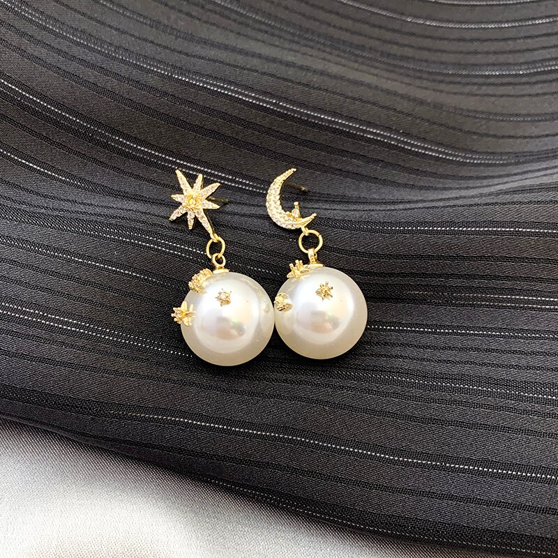 Pendientes colgantes asimétricos de perlas para mujer, aretes con de luna y estrella, estilo gota de agua de cristal exquisito,