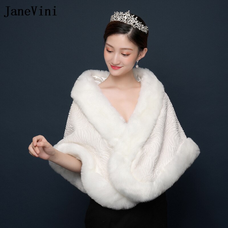 JaneVini Winter White Fur Cape Shawl for Women Wedding Boleros Stole Red Faux Fur Formal Party Wrap Shrugs Jacket Chale Fourrure