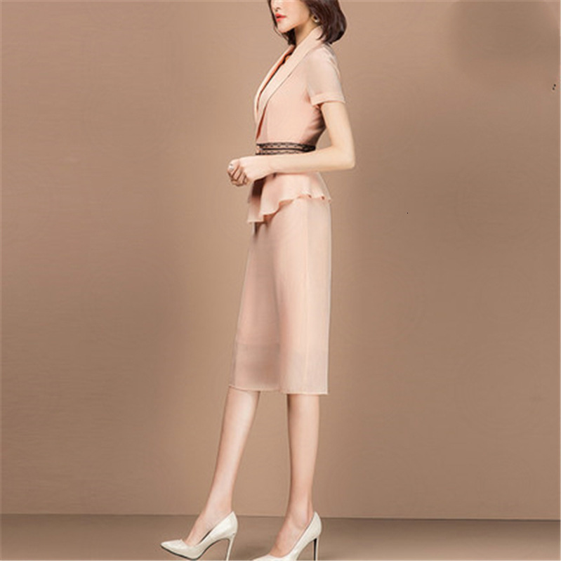 Dress Suits Women Set Chiffon Knee Length 2 Two Piece Spring Summer Office Lady Outfits Female