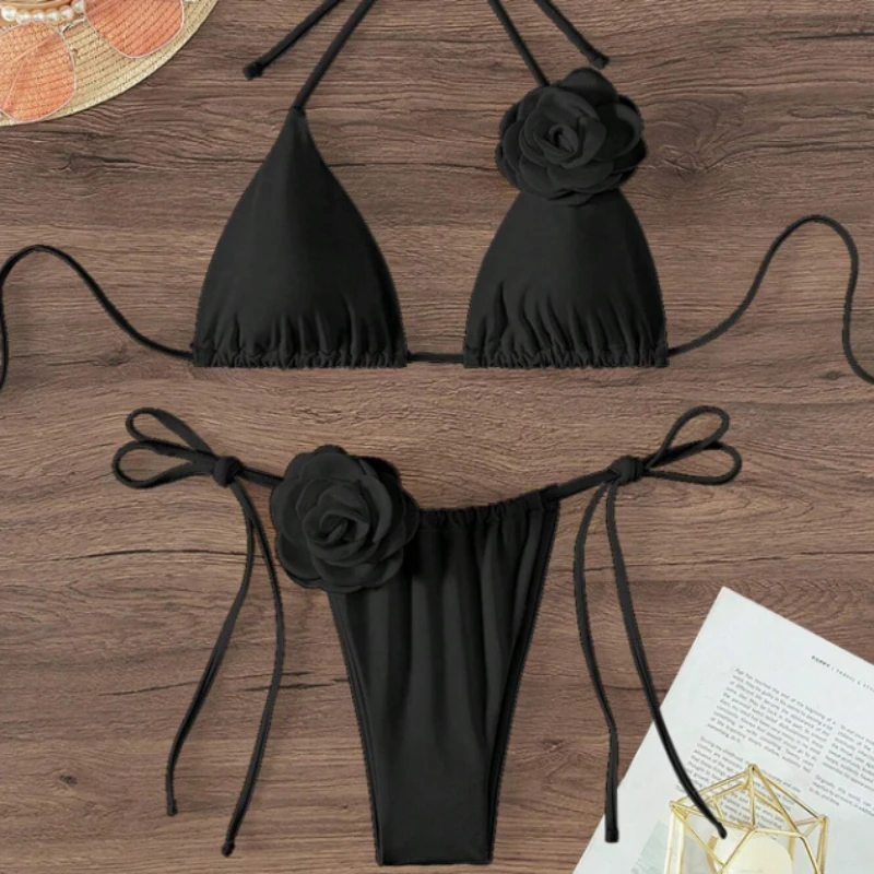 S - L Sexy 3D flores Halter Bikini con tiras mujeres traje de baño traje de baño femenino conjunto de Bikini de dos piezas bañista traje de baño nadar