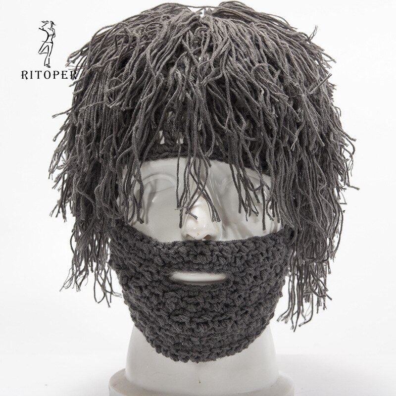 RITOPER Wig Beard Hats Hobo Mad Scientist Caveman Handmade Knit Warm Winter Caps Men Women Halloween Funny Party Beanies