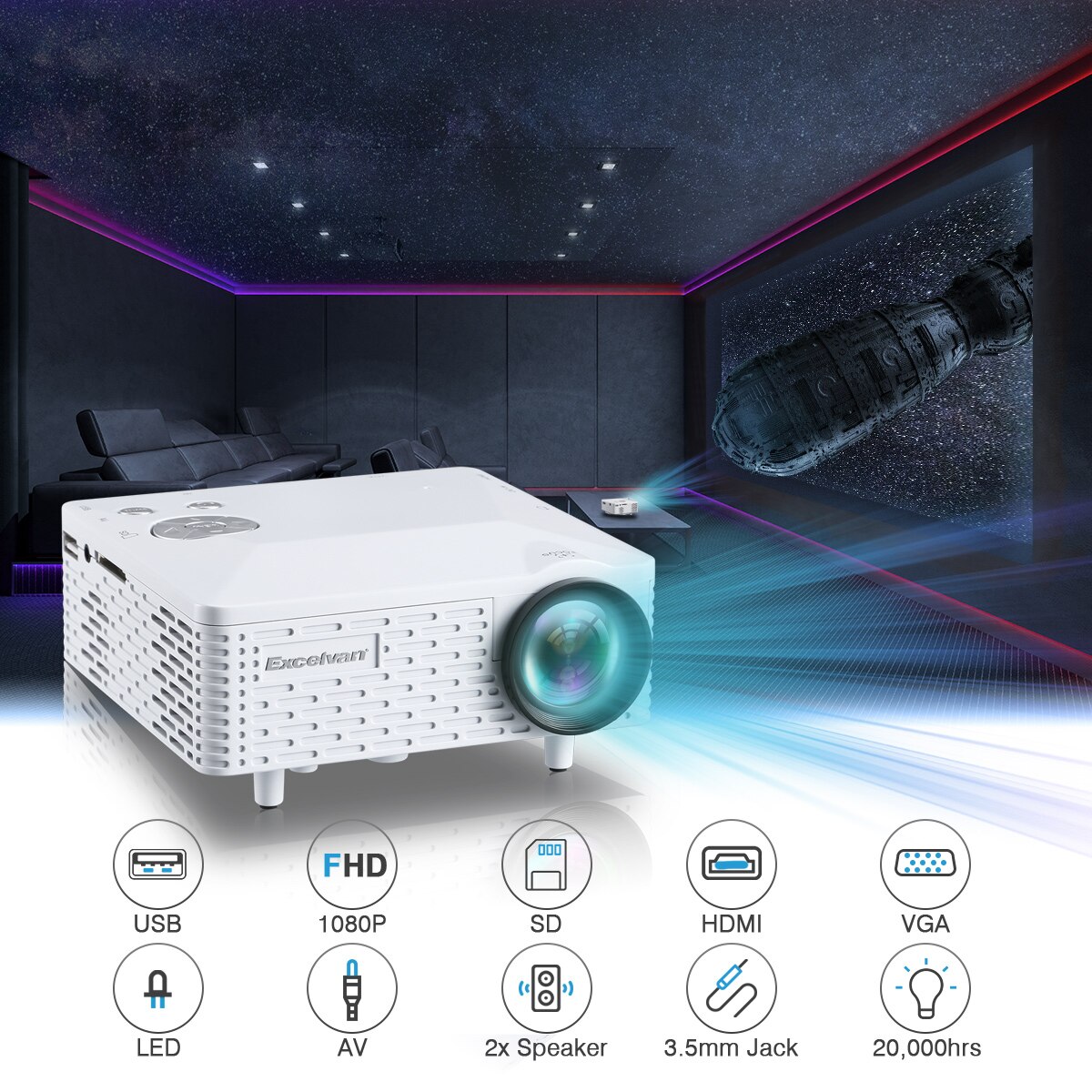 Excelvan bl -18 mini led projektor multimediedisplay understøtter 1080p smartphone bærbar dvd tv boks med hdmi vga av sd usb port: Hvid