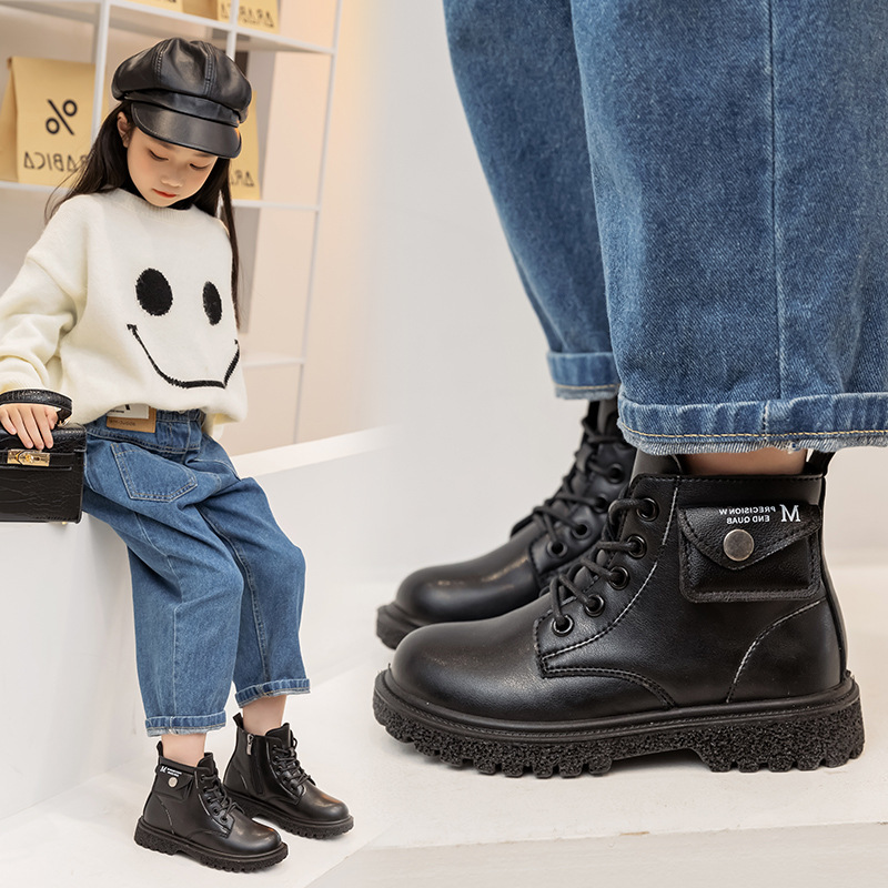 Children Short Boots Spring Pocket Solid Black Boots British Platform Kids Boots for Girls Boy Winter Unisex Winter Boot