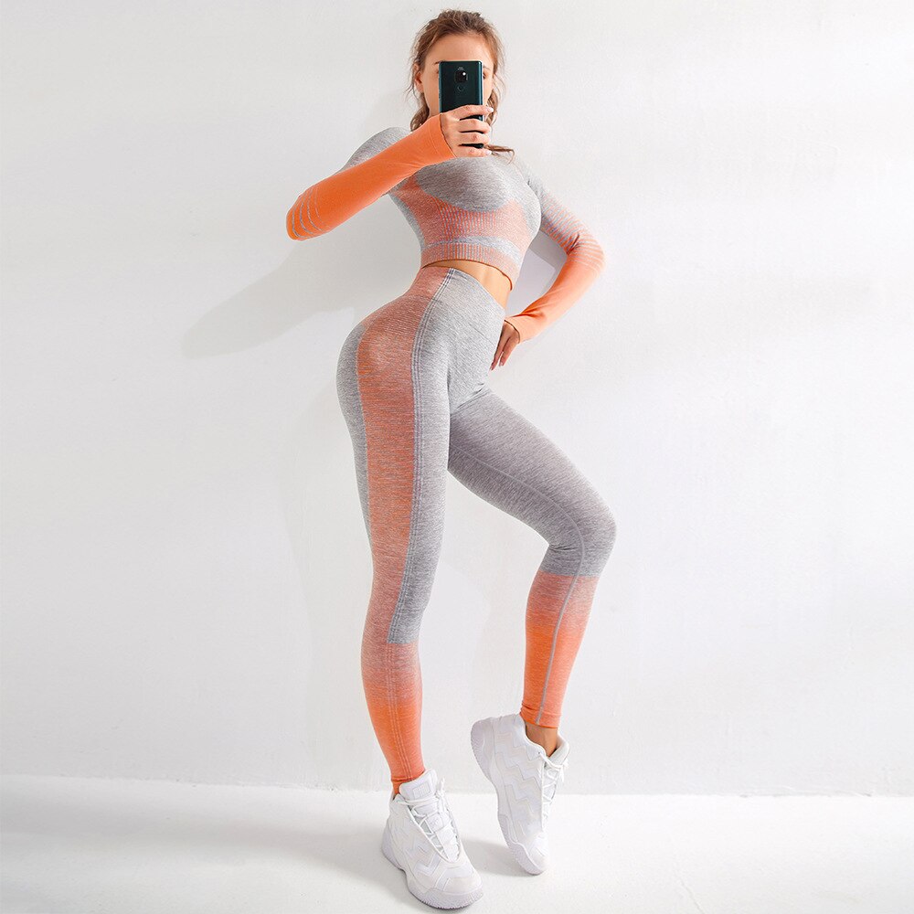 Naadloze Vrouwen Yoga Set Sport Kleding Lange Mouwen Top Hoge Taille Leggings Workout Kleding Fitness Sport Pak Gym Outfit Sets: orange yoga set / M