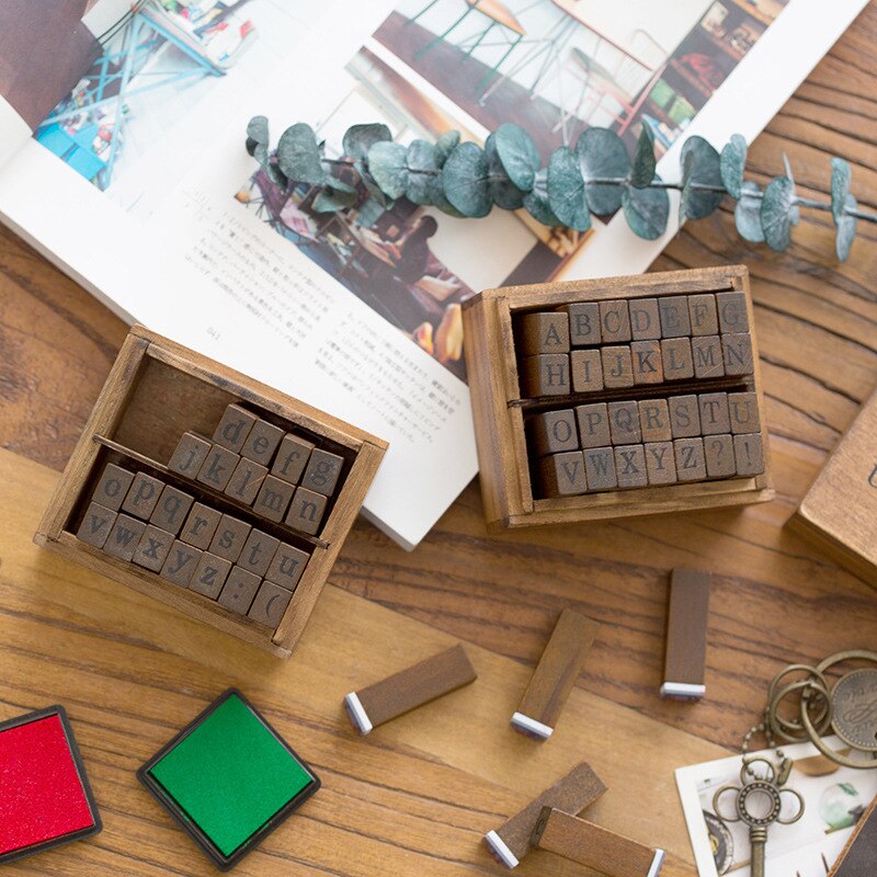 Alphabet Stamp Box Lower Case or Upper Case Letter Hand Writing Stamp Antique Wooden Rubber Stamp with Case 28 Characters