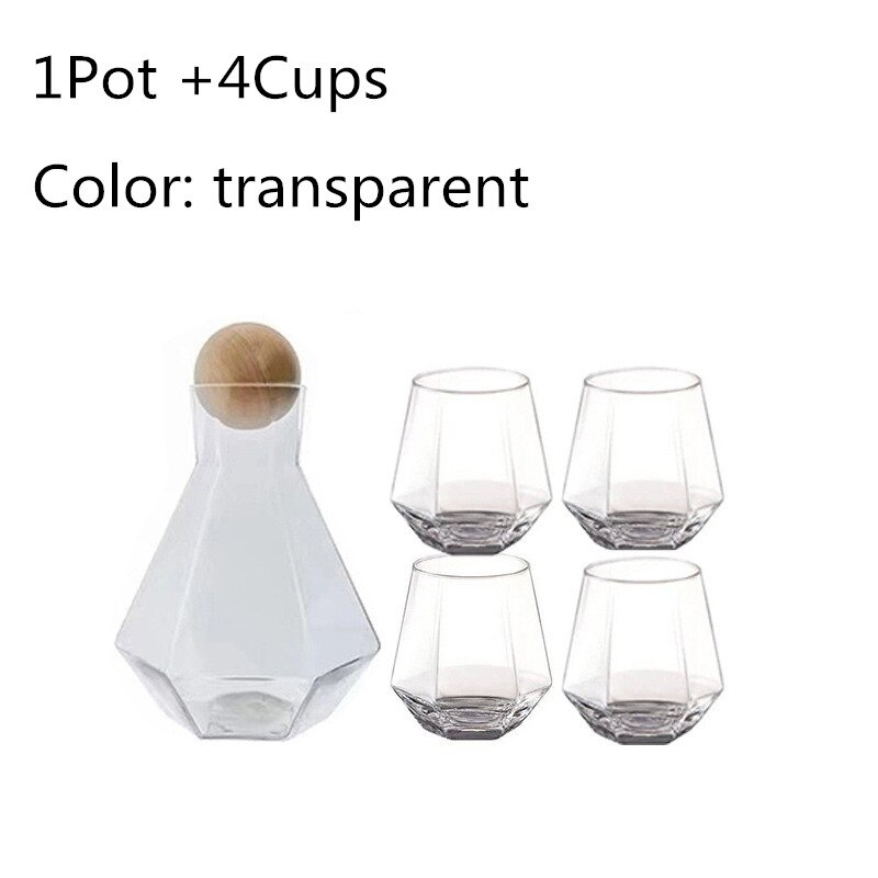 1/5 Pcs/Set Water Potten Glazen Karaf Set Houten Deksel Karaf Pitcher Wijn Whisky Bier Sap Set Drinkwater waterkokers: Transparent