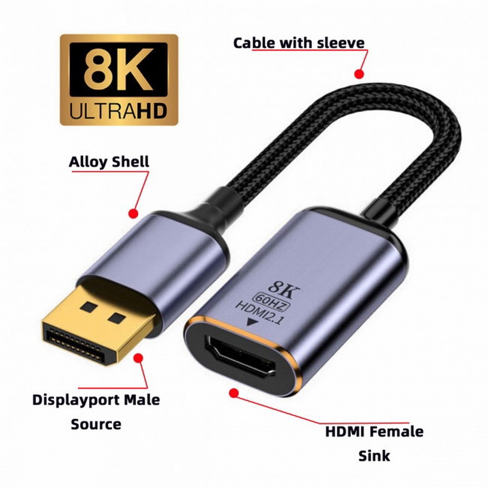 Displayport till hdmi-omvandlare, adapter, displayport 1.4 , källa till hdmi 2.1, 8k , 60hz uhd 4k , dp till hdmi-hane, skärm: Brun