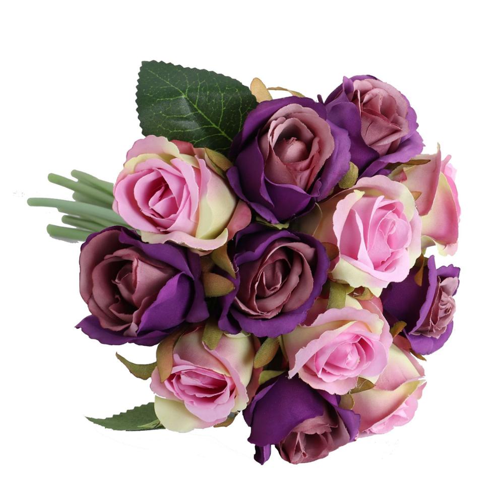 12 hoveder kunstig silke rose blomster buket hvid pink rød til bryllup brude fest hjem hus have festival bar dekoration: H02