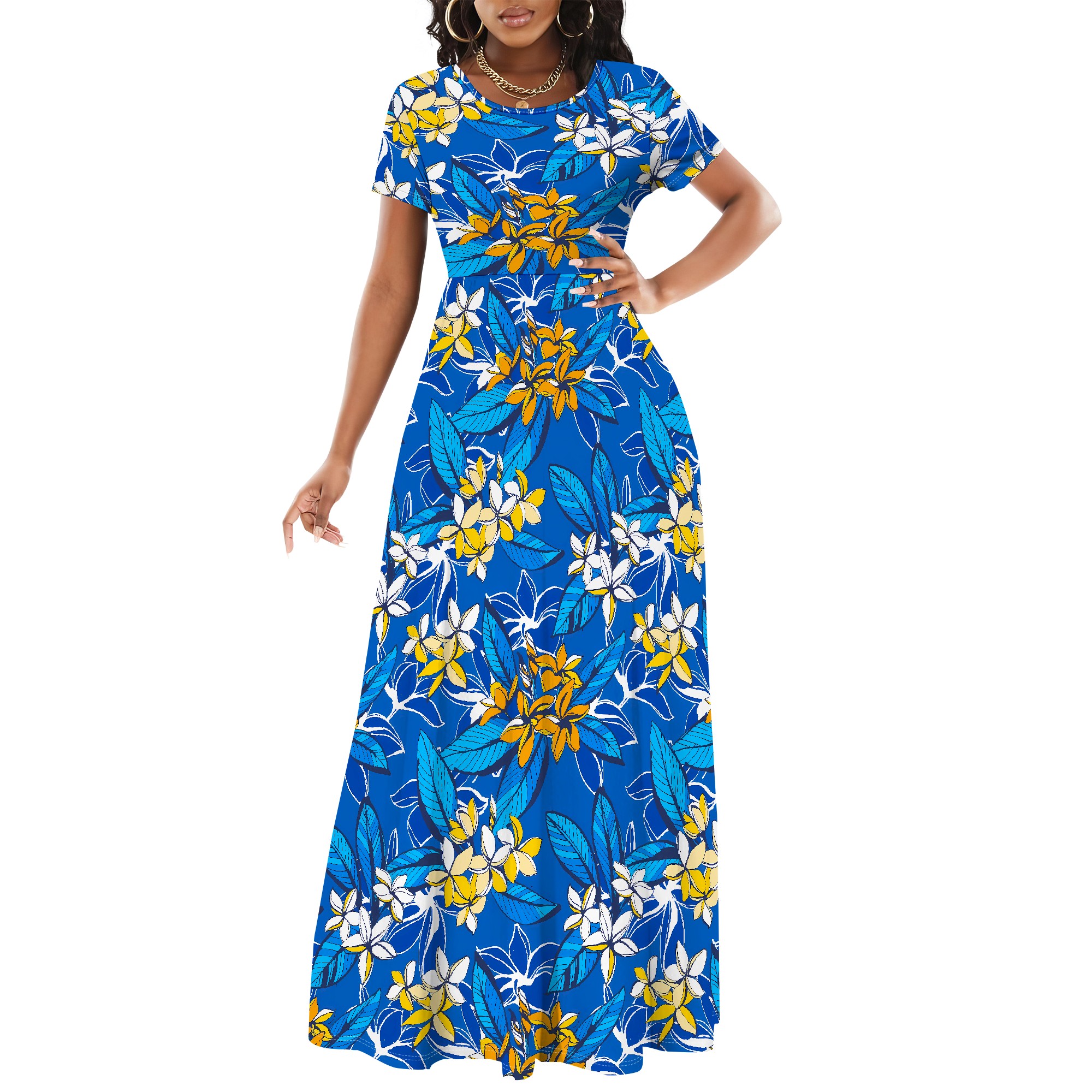 Pink Lotus Floral Maxi Dress Short Sleeve A-Line Vacation Long Dress: XXL / SKY BLUE