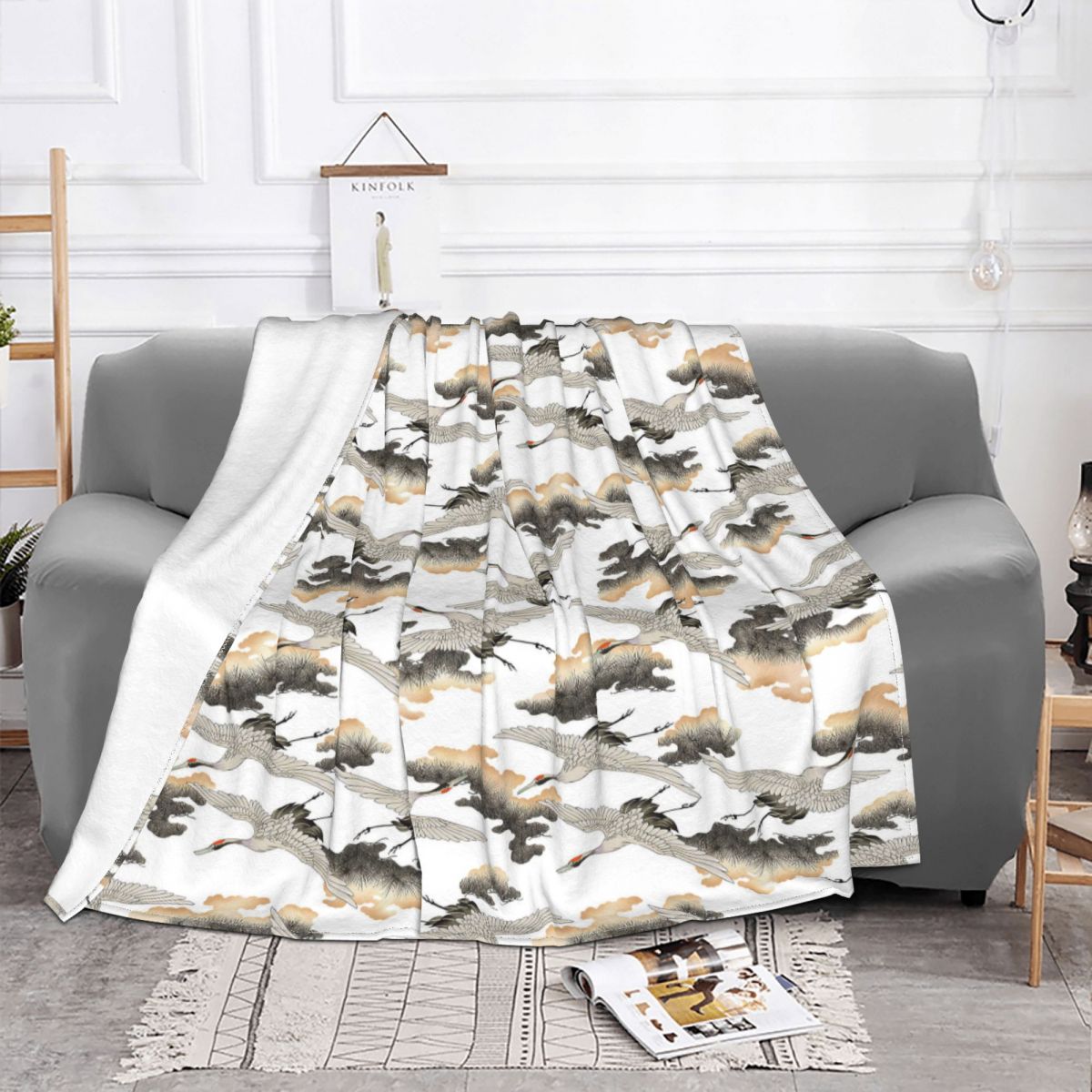 Japanese Crane Pattern Blankets Fleece Decoration Ultra-Soft Throw Blankets for Bedding Bedroom Plush Thin Quilt