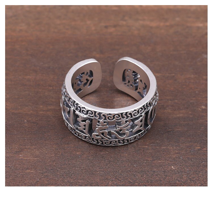 Fatto a mano 100% 925 Argento Tibetano Sei Parole Anello Buddista OM Mantra Anello Buona Fortuna Anello Resizable