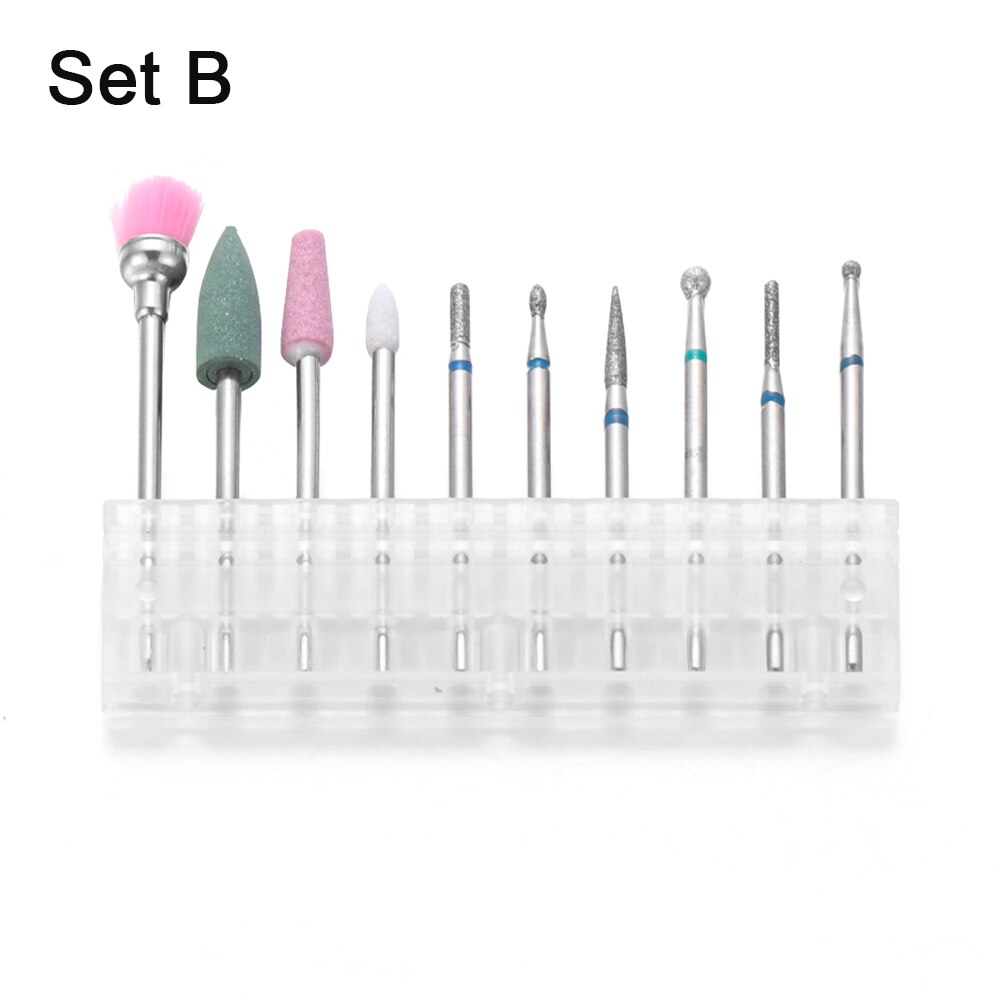 10Pcs Nagel Boren Elektrische Manicure Machine Cutter Diamond Bestand Gel Polish Kit Set Cuticle Schoon Pedicure Slijpen Hoofd: Set B
