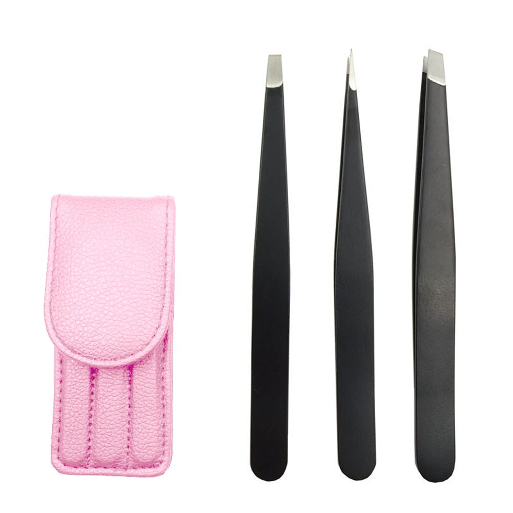 3pcs With Case Ingrown Hair Tip Tool Splinter Pincer Tweezer Set Makeup Eyebrow Removal Stainless Steel Small: Pink