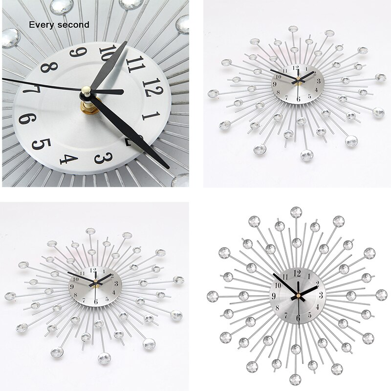 Vintage Metal Crystal Sunburst Wall Clock Large Morden Wall Clocks Home Art Decor 33cm Large Size Mirror Sun Silver Clock