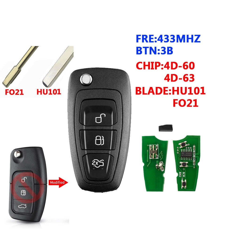 Ford 3 knoppen blauw afstandsbediening kop 4d63 433mhz OEM Ford 3 knoppen blauw afstandsbediening kop 4d63 433mhz OEM