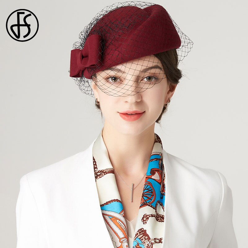 Fs Dames Baret Hoed Met Sluier Zwarte Tovenaar Hoeden Voor Vrouwen Winter Fedora Hoed Strik Wol Bruiloft Kerk Bunker Hoeden rood: wine red