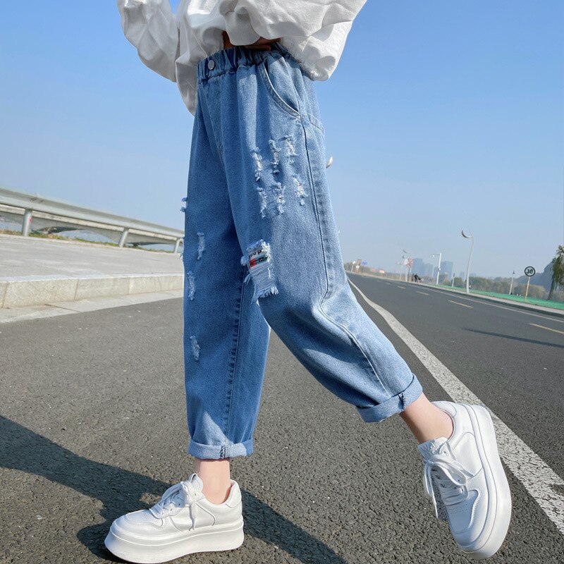 Pantalones vaqueros rasgados para niñas de 4 a 14 años, pantalones pitillo sueltos coreanos para adolescentes, ropa de primavera y otoño, nueva