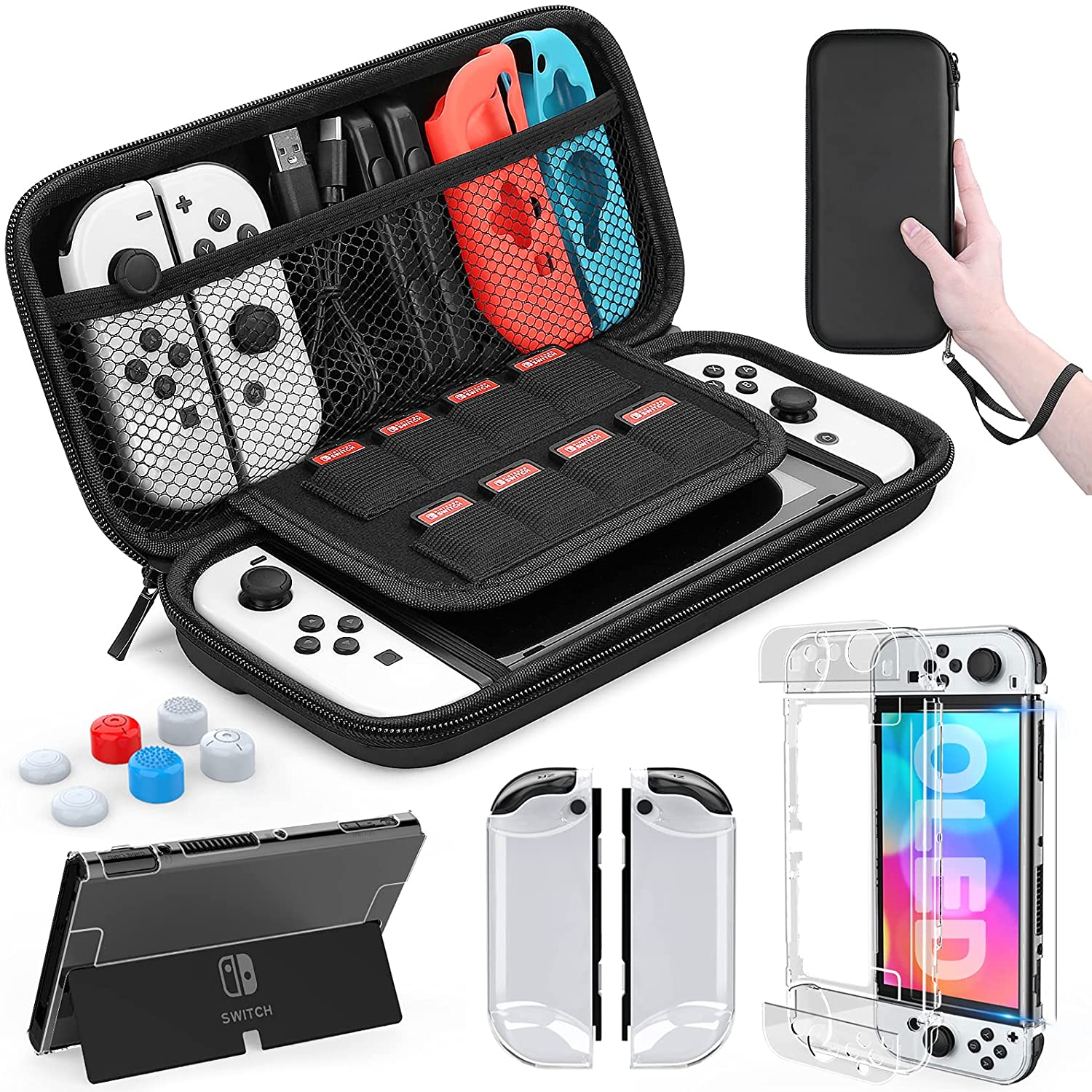 HEYSTOP Nintendo Schalter OLED Modell Tragetasche, 9 in 1 Zubehör Bausatz für Nintendo Schalter OLED Modell: A-Schwarz