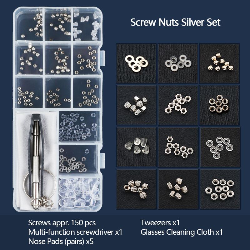 Colour_max skruvar muttrar näsdyna optiskt reparationsverktyg diverse kit för solglasögon: Silvermuttrar