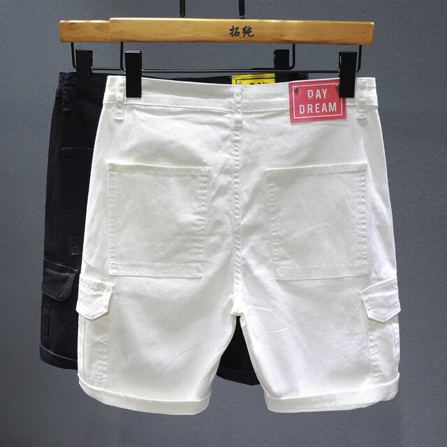 Short en jean multi-poches pour homme, salopette, vêtement de travail, blanc, décontracté, droit, ample, taille 38