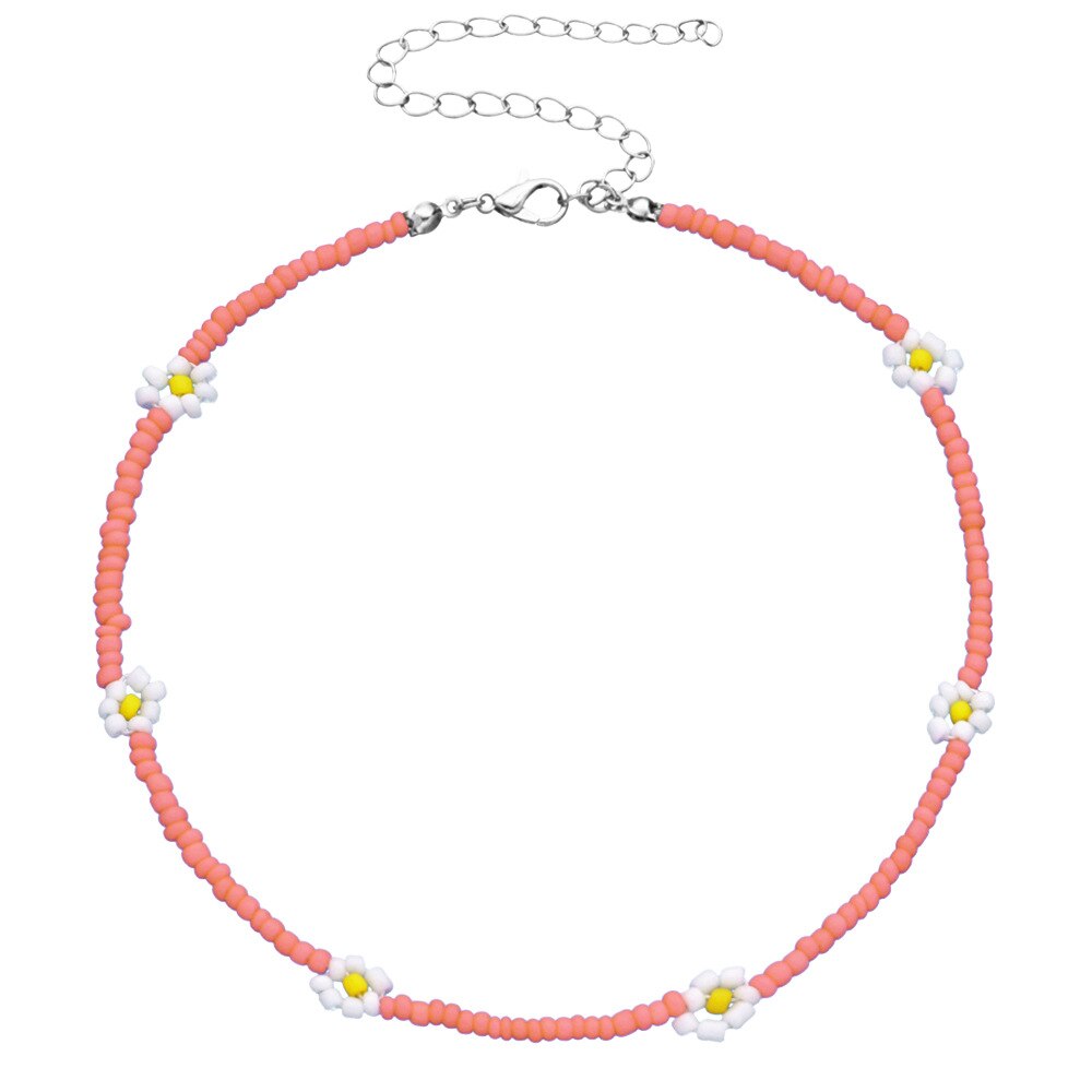 Nowa wiosna kolorowe małe koraliki naszyjnik dla kobiet moda Handmade Daisy z kwiatami i koralikami Chokers naszyjniki biżuteria Boho: pink
