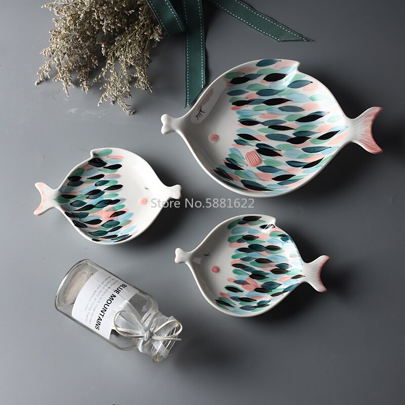 Plato de cena de cerámica con forma de pez besándose, plato de carne, platos de postre, plato de pescado de porcelana, vajilla para niños