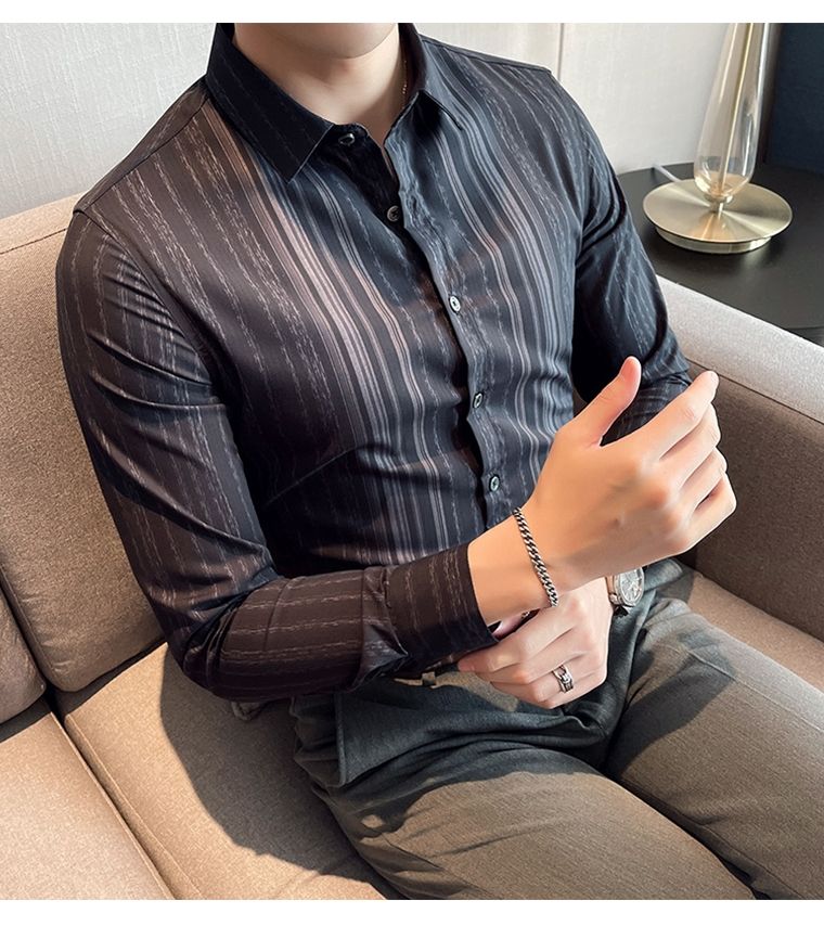 Spring Autumn Striped Printing Bottoming Shirt Men Korean Long Sleeve Vintage Business Casual Blouse Male Cardigans Top