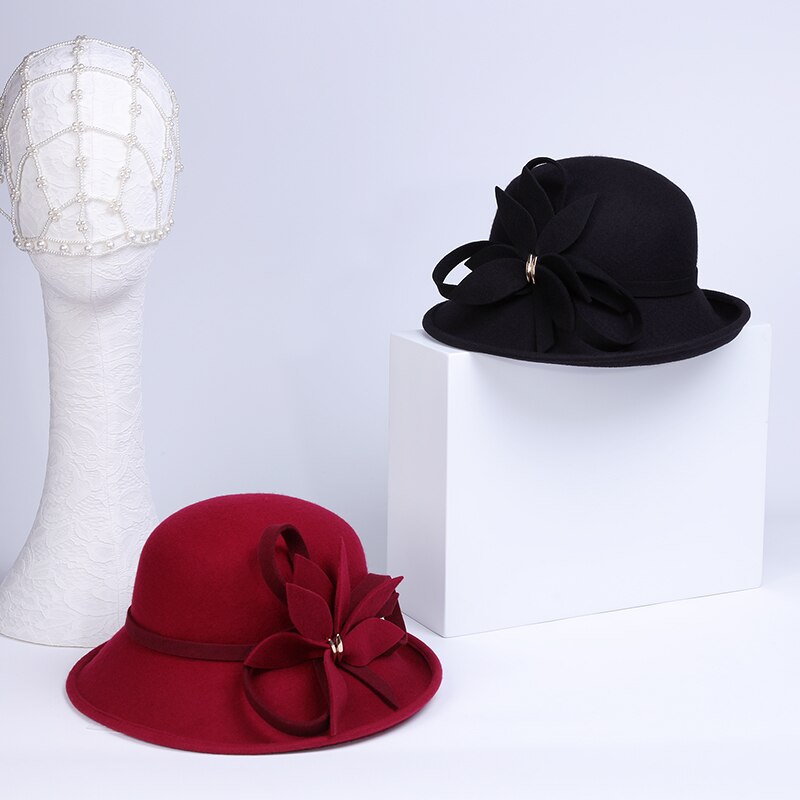 Wollen boothoed met platte bovenkant voor dames, vilten fedora met brede rand, dameshoed met vilten rand