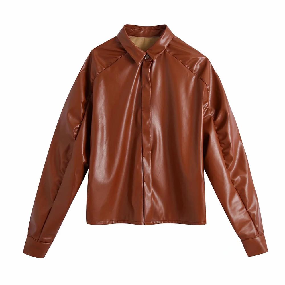 Fall Winter Women Faux Leather Shirt Long Gathering Sleeves Casual Chic High Street women Shirts