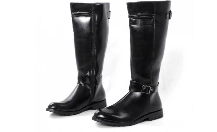 ERRFC – chaussures montantes en cuir PU pour hommes, bottes de Cowboy à bout rond de 44cm, avec boucle marron, pour les loisirs, tendance: Black / 8