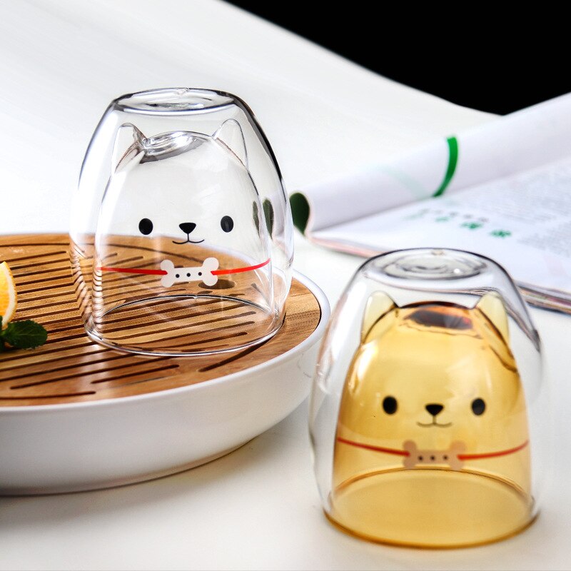 Dubbellager kaffemugg söt shiba inu glas tecknad barnmjölkkopp dam mjölk tekopp nät röd shiba inu kul glas
