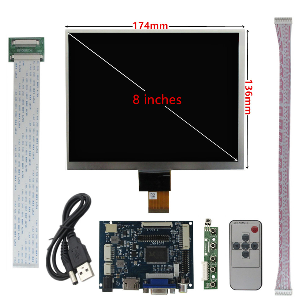Pantalla LCD IPS 4:3 de 8 pulgadas, Compatible con HDMI, placa de Control de controlador VGA AV, digitalizador para Kit de Monitor Raspberry Pi: Negro