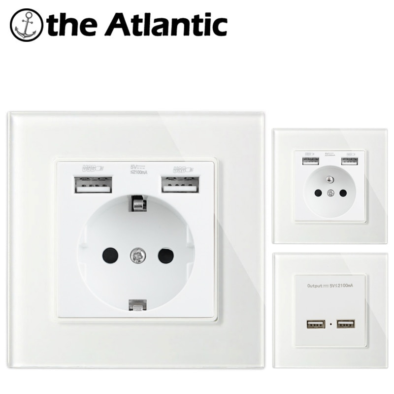 Atlectric EU FR Standard Power Outlet Dual USB Port Charging Adapter With Led Indicator Wall Charger Outlet Tempered Glass Pane