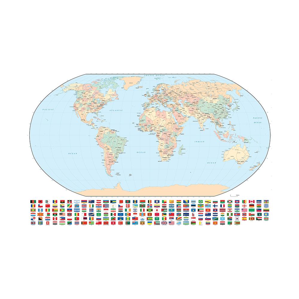 Regelmatige Wereldkaart Non-woven Inkjet Kaart Met Nationale Vlaggen Voor Cultuur En Onderwijs 150x225cm