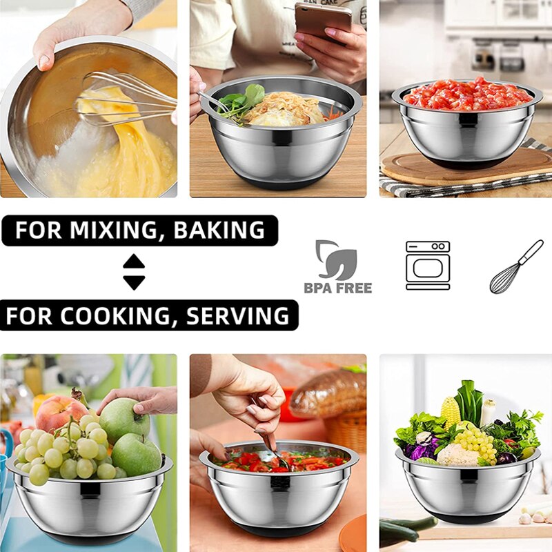 Stainless Steel Mixing Bowl Fruit Salad Bowl Non Slip Silicone Bottom Food Storage Bowl Set Kitchen Salad Cooking Bowl Tableware