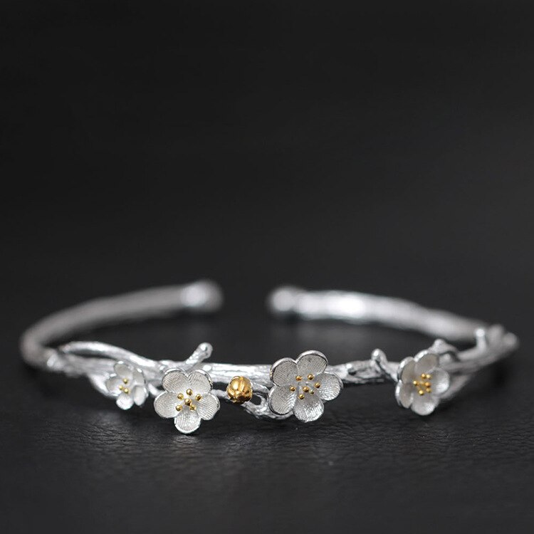925 Sterling Silver Bracelets Bangles For Women Femme Plum Blossom Bracelet Bangle Female Artistic Flower Jewelry