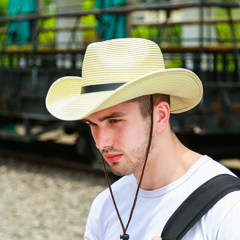 Men Straw Cowboy Hat Sun Hat Folding Western Wide Curved Brim With Adjustable Chin Strap Hat For Summer Outdoor: HT5196BG